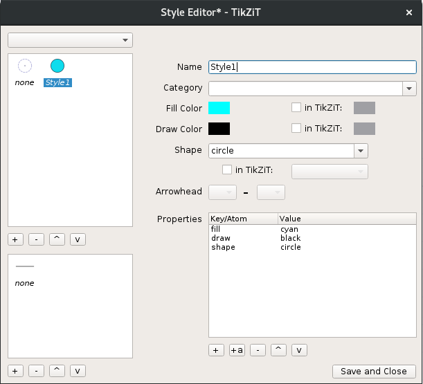 A style called Style1: Circle, Fill color cyan, Draw color black